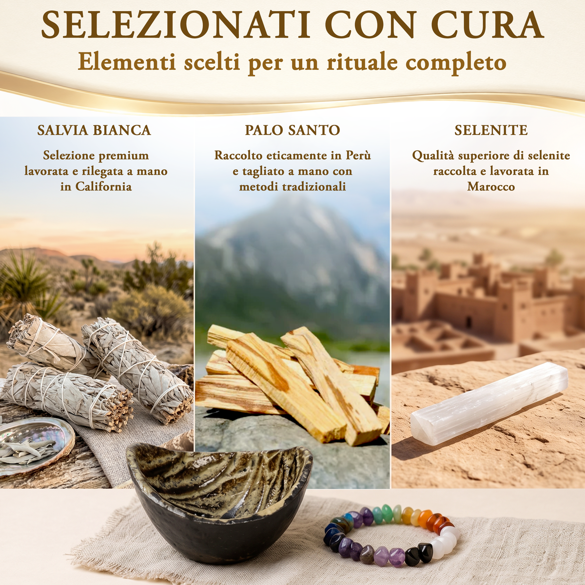 Kit Regalo Rituale — Palo Santo, Salvia Bianca e Selenite